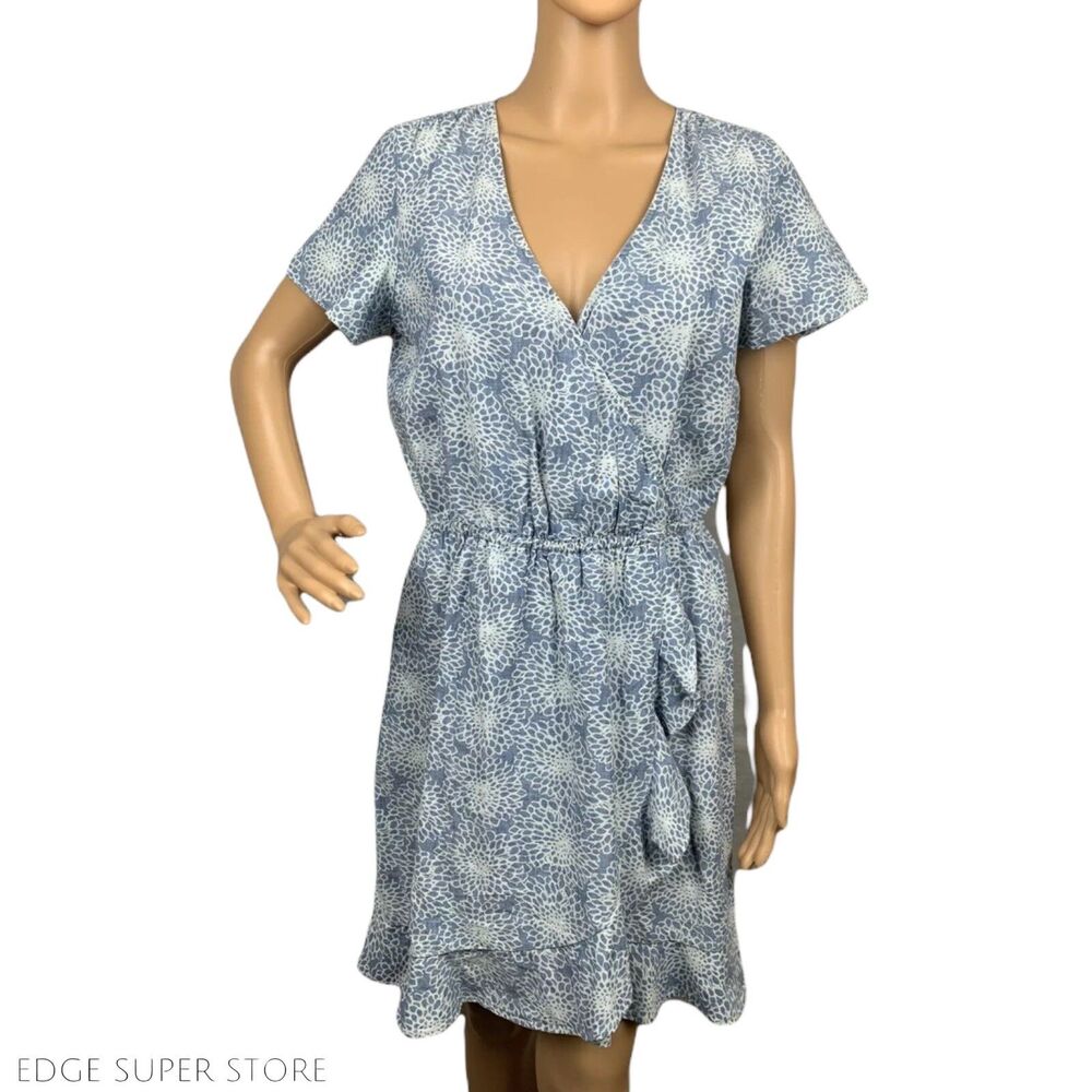 J Crew Mercantile Blue White Faux Wrap Ruffle Skirt Cotton V Neck Dress Sz Small